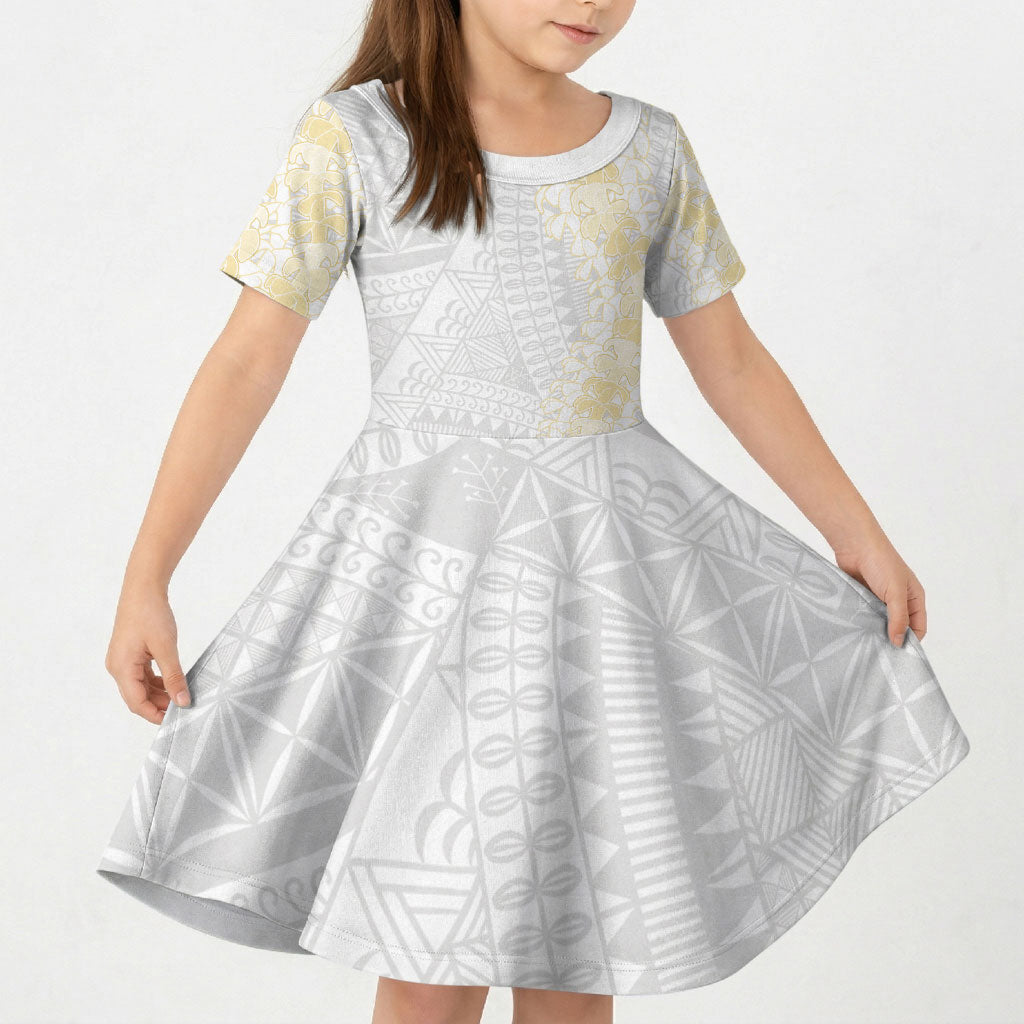Niue White Sunday Kid Short Sleeve Dress Niuean Hiapo With Puakenikeni Lei