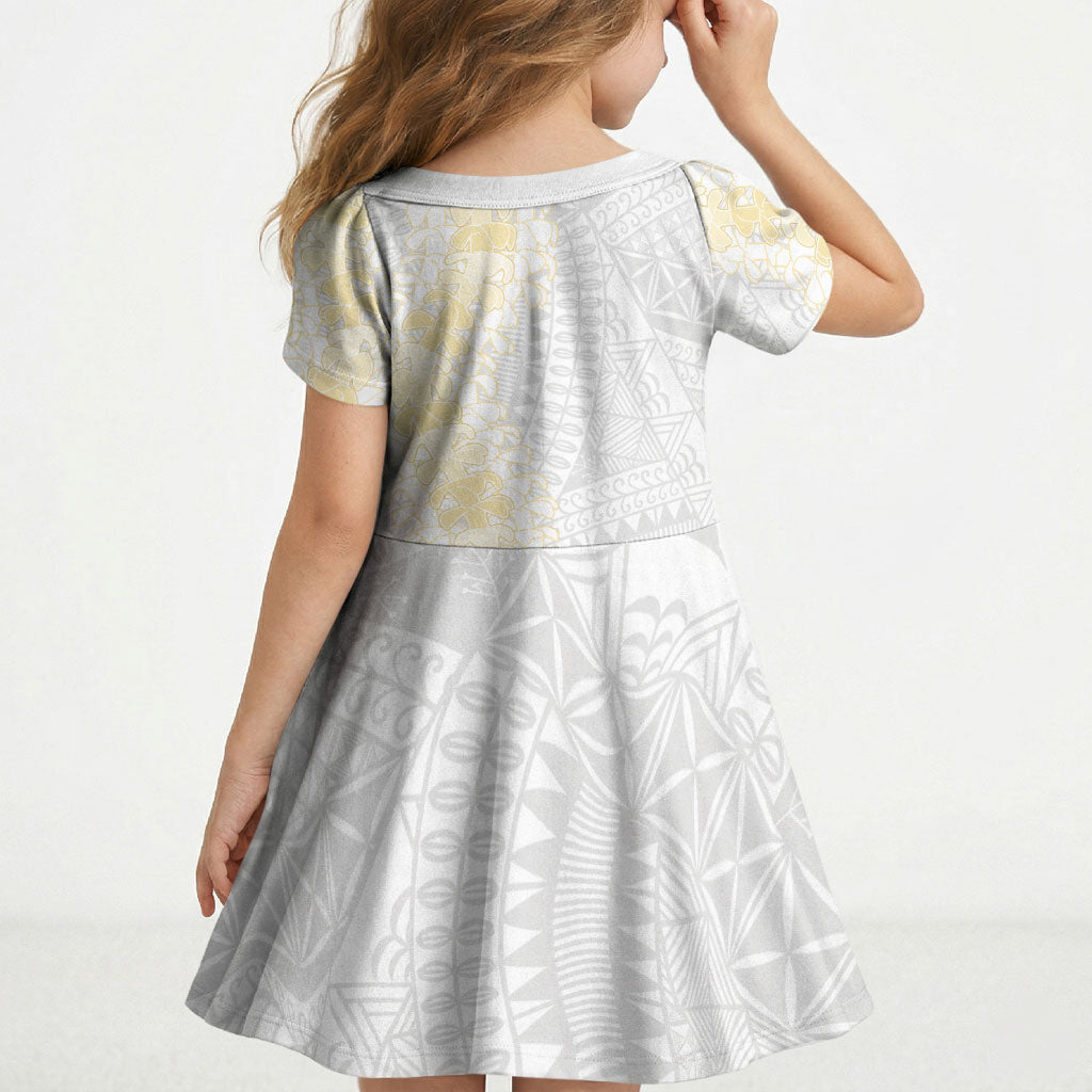 Niue White Sunday Kid Short Sleeve Dress Niuean Hiapo With Puakenikeni Lei