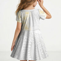 Niue White Sunday Kid Short Sleeve Dress Niuean Hiapo With Puakenikeni Lei
