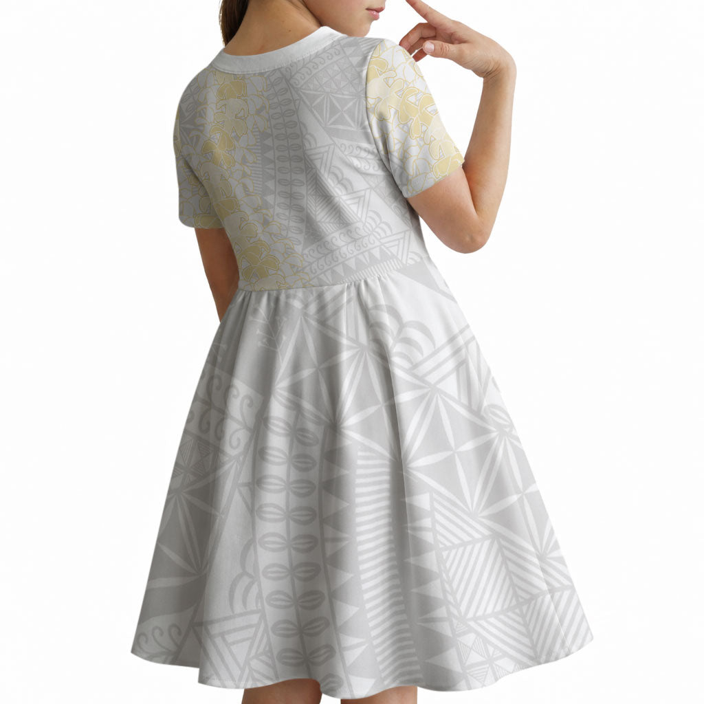 Niue White Sunday Kid Short Sleeve Dress Niuean Hiapo With Puakenikeni Lei