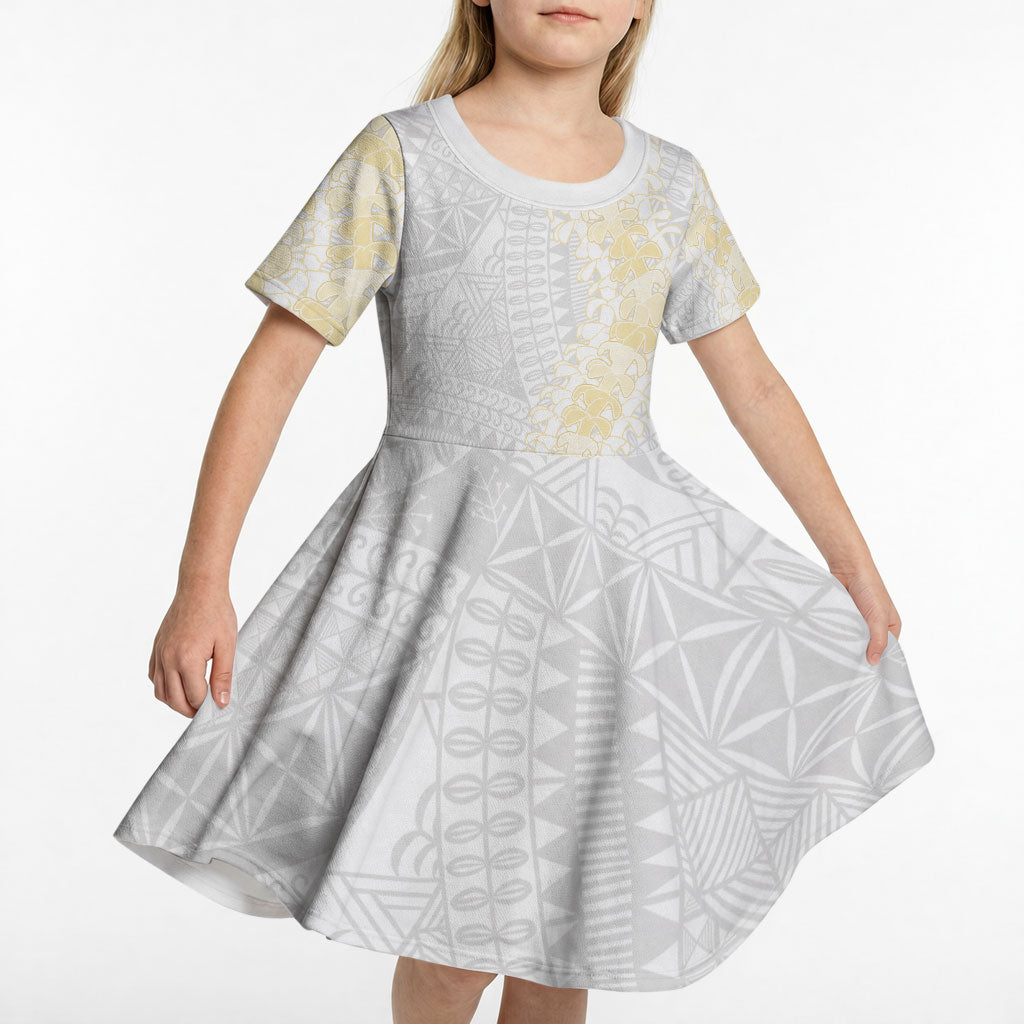 Niue White Sunday Kid Short Sleeve Dress Niuean Hiapo With Puakenikeni Lei