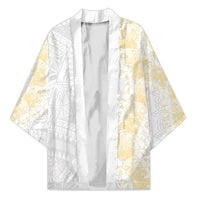 Niue White Sunday Kimono Niuean Hiapo With Puakenikeni Lei