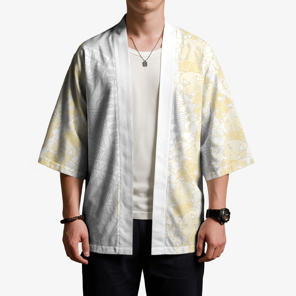 Niue White Sunday Kimono Niuean Hiapo With Puakenikeni Lei