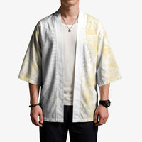 Niue White Sunday Kimono Niuean Hiapo With Puakenikeni Lei