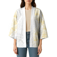 Niue White Sunday Kimono Niuean Hiapo With Puakenikeni Lei