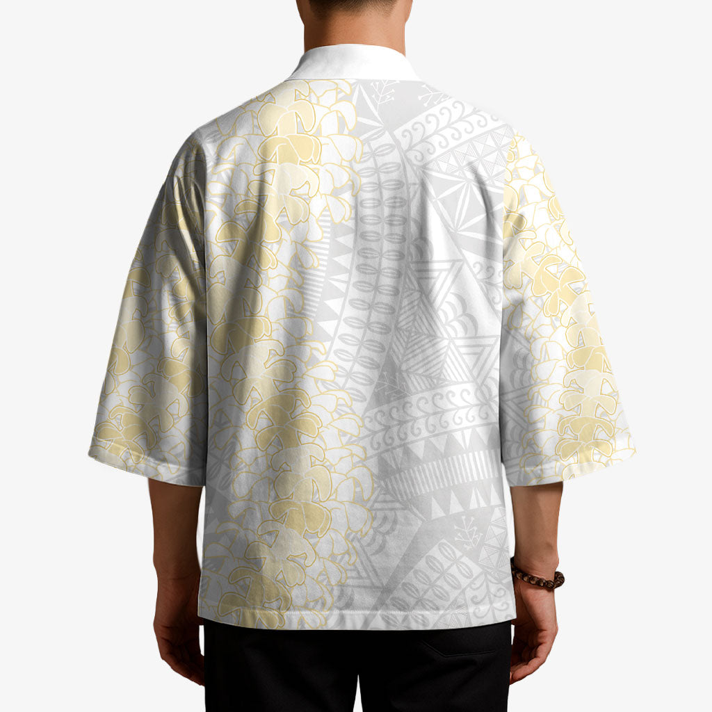 Niue White Sunday Kimono Niuean Hiapo With Puakenikeni Lei