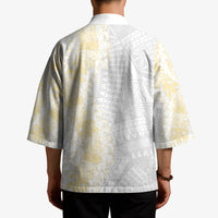 Niue White Sunday Kimono Niuean Hiapo With Puakenikeni Lei