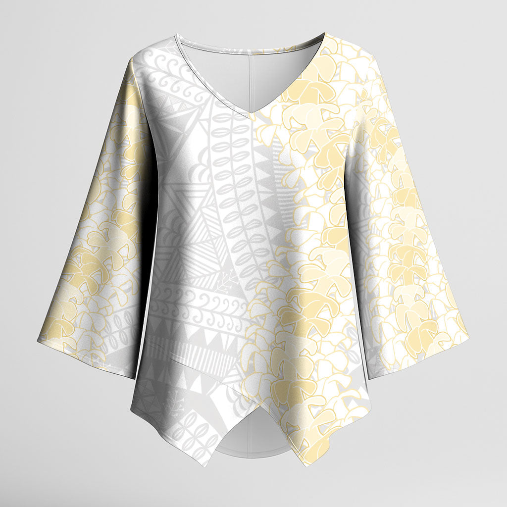Niue White Sunday Kimono Sleeve Blouse Niuean Hiapo With Puakenikeni Lei