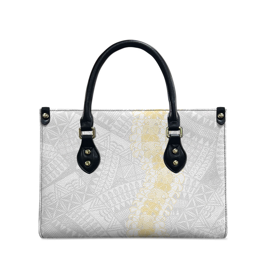Niue White Sunday Leather Bag Niuean Hiapo With Puakenikeni Lei