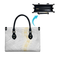 Niue White Sunday Leather Bag Niuean Hiapo With Puakenikeni Lei