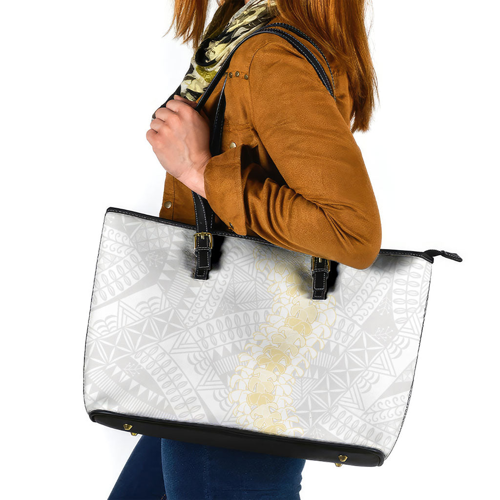 Niue White Sunday Leather Tote Bag Niuean Hiapo With Puakenikeni Lei