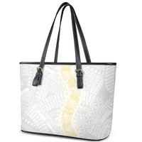 Niue White Sunday Leather Tote Bag Niuean Hiapo With Puakenikeni Lei