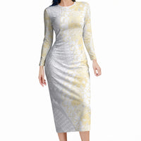 Niue White Sunday Long Sleeve Bodycon Dress Niuean Hiapo With Puakenikeni Lei