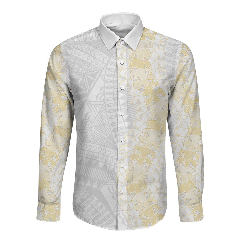 Niue White Sunday Long Sleeve Button Shirt Niuean Hiapo With Puakenikeni Lei