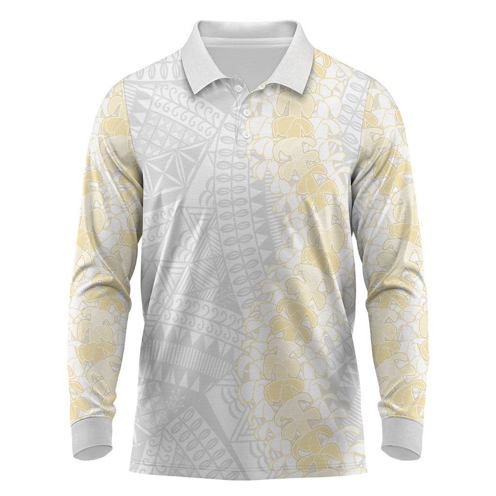 Niue White Sunday Long Sleeve Polo Shirt Niuean Hiapo With Puakenikeni Lei