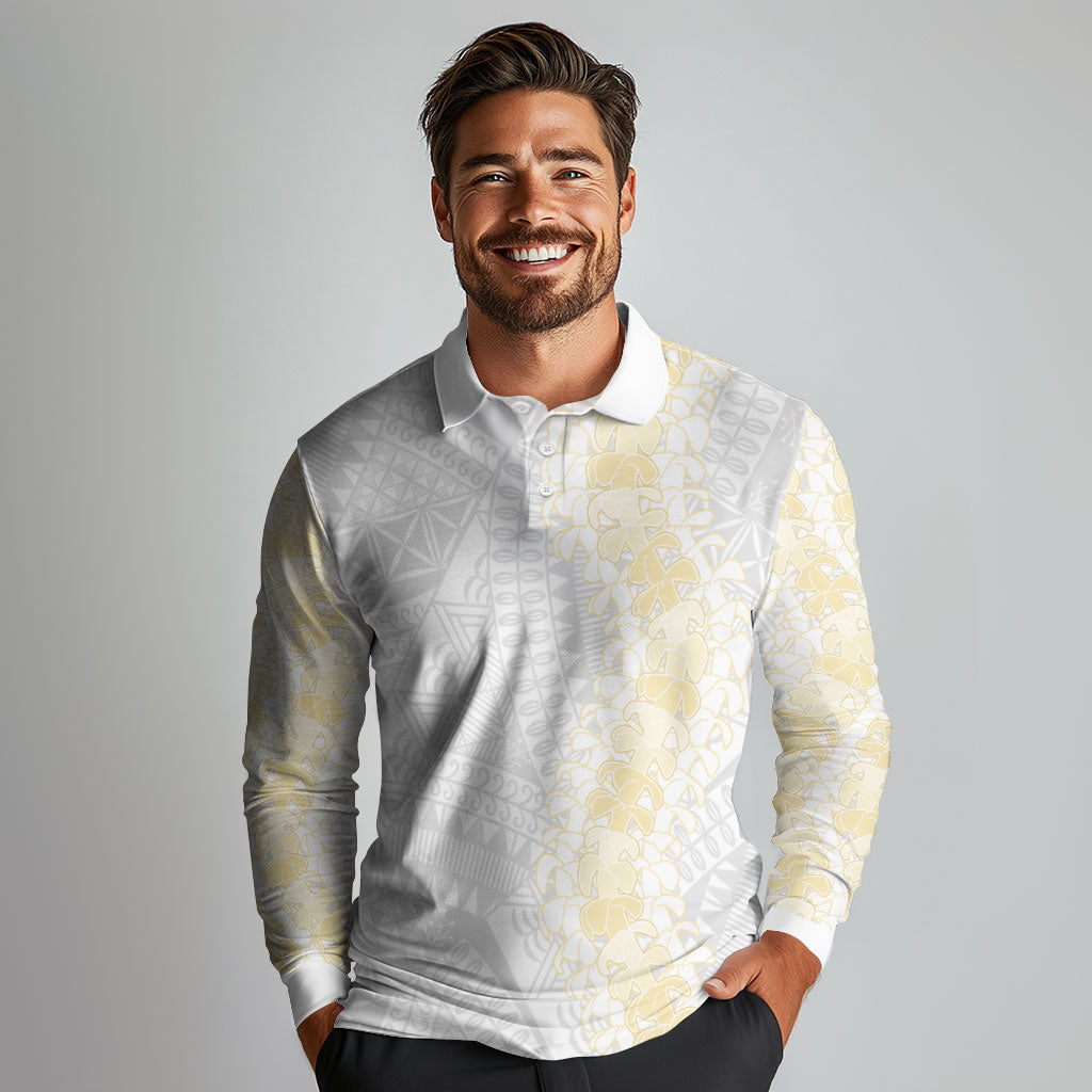 Niue White Sunday Long Sleeve Polo Shirt Niuean Hiapo With Puakenikeni Lei