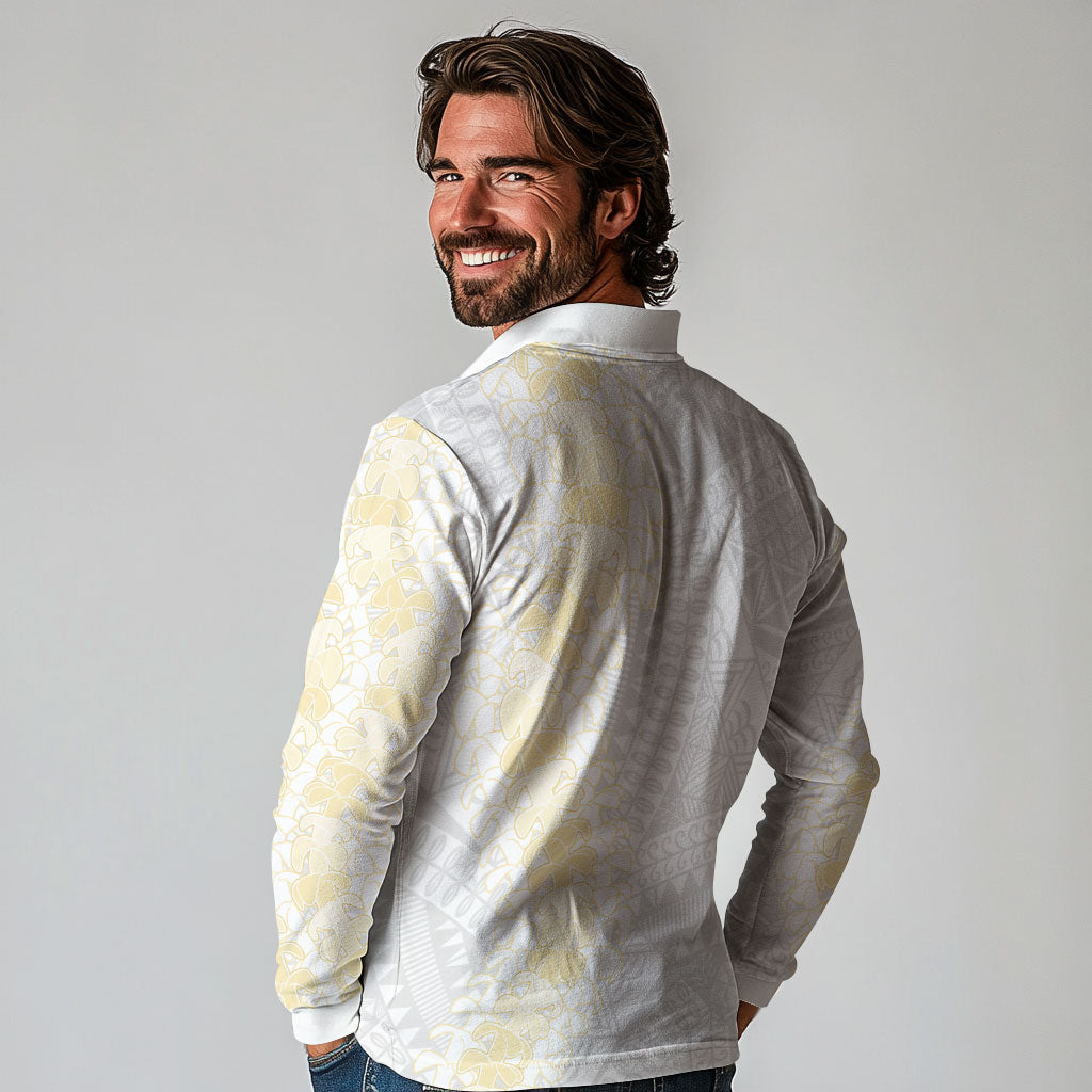 Niue White Sunday Long Sleeve Polo Shirt Niuean Hiapo With Puakenikeni Lei
