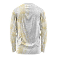 Niue White Sunday Long Sleeve Shirt Niuean Hiapo With Puakenikeni Lei