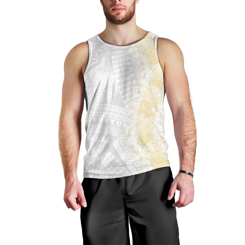 Niue White Sunday Men Tank Top Niuean Hiapo With Puakenikeni Lei