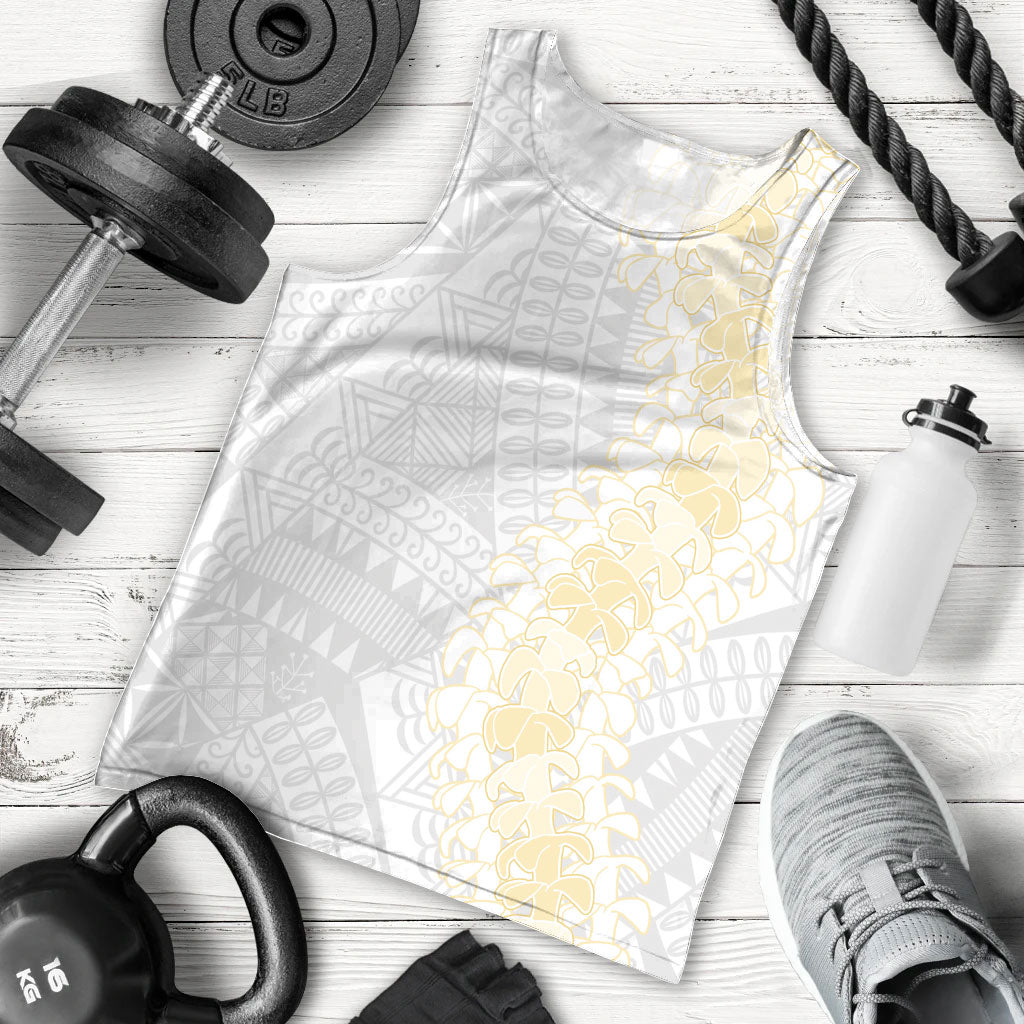 Niue White Sunday Men Tank Top Niuean Hiapo With Puakenikeni Lei