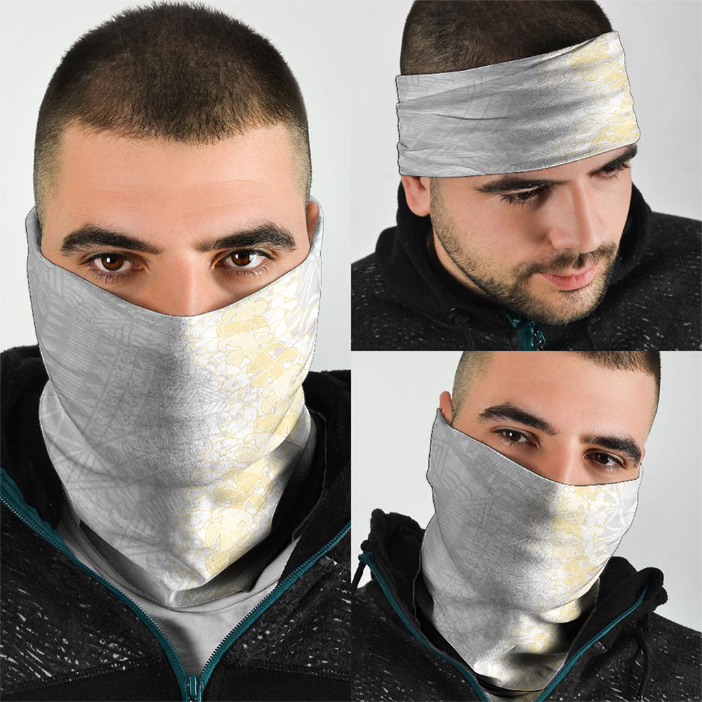Niue White Sunday Neck Gaiter Niuean Hiapo With Puakenikeni Lei