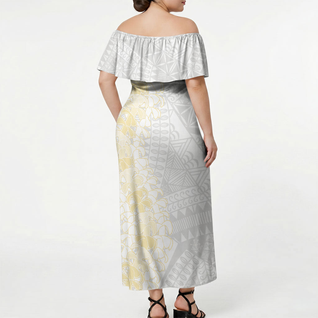 Niue White Sunday Off Shoulder Maxi Dress Niuean Hiapo With Puakenikeni Lei