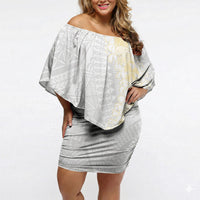 Niue White Sunday Off Shoulder Short Dress Niuean Hiapo With Puakenikeni Lei