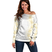 Niue White Sunday Off Shoulder Sweater Niuean Hiapo With Puakenikeni Lei