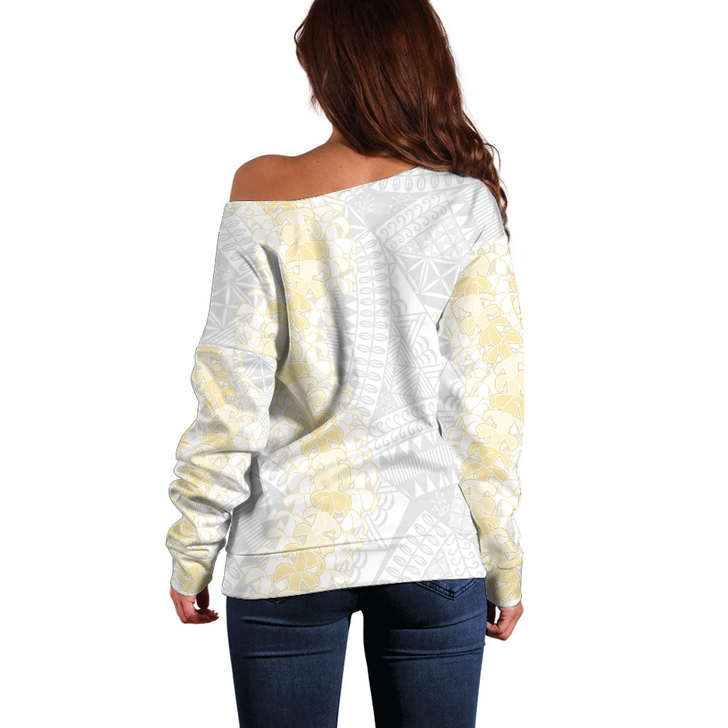 Niue White Sunday Off Shoulder Sweater Niuean Hiapo With Puakenikeni Lei