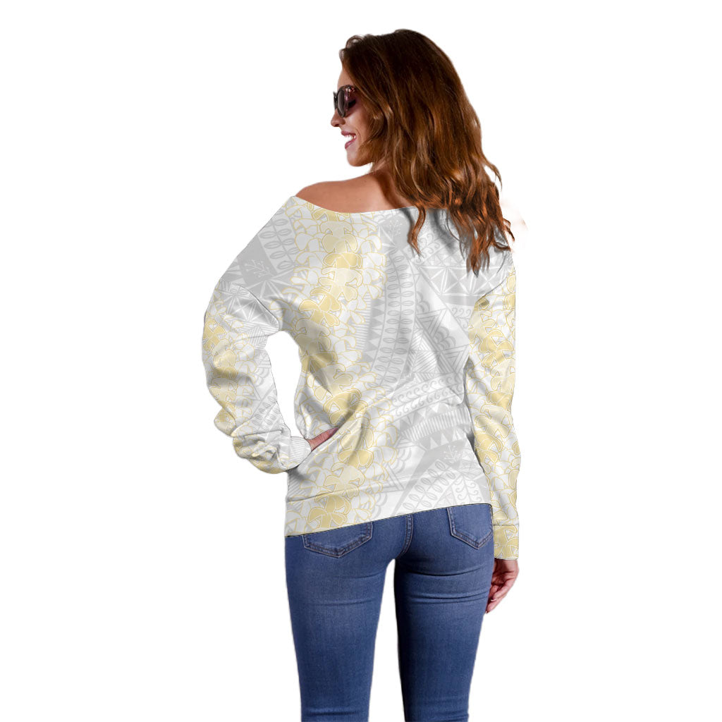 Niue White Sunday Off Shoulder Sweater Niuean Hiapo With Puakenikeni Lei