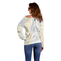 Niue White Sunday Off Shoulder Sweater Niuean Hiapo With Puakenikeni Lei