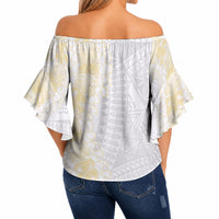 Niue White Sunday Off Shoulder Wrap Waist Top Niuean Hiapo With Puakenikeni Lei