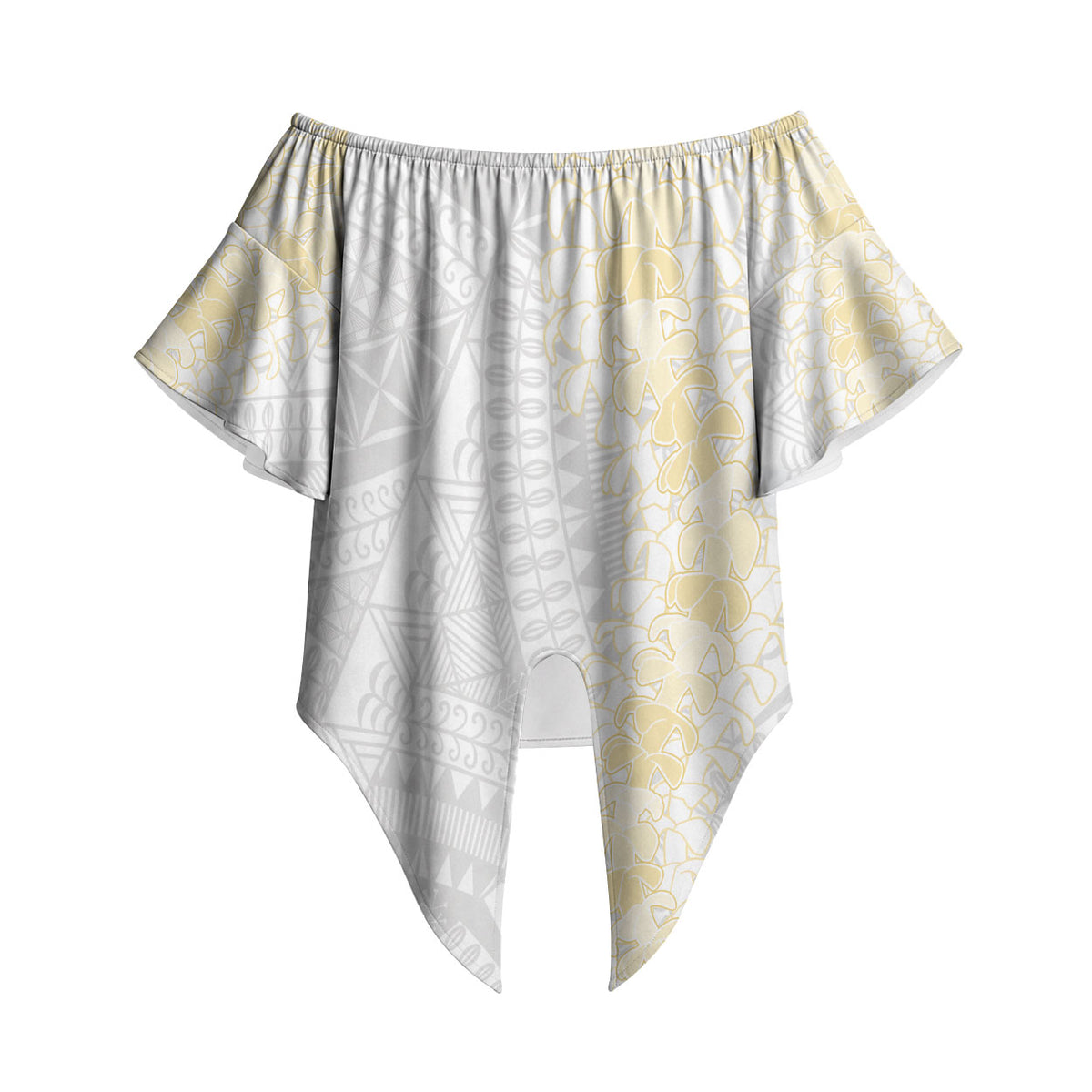 Niue White Sunday Off Shoulder Wrap Waist Top Niuean Hiapo With Puakenikeni Lei