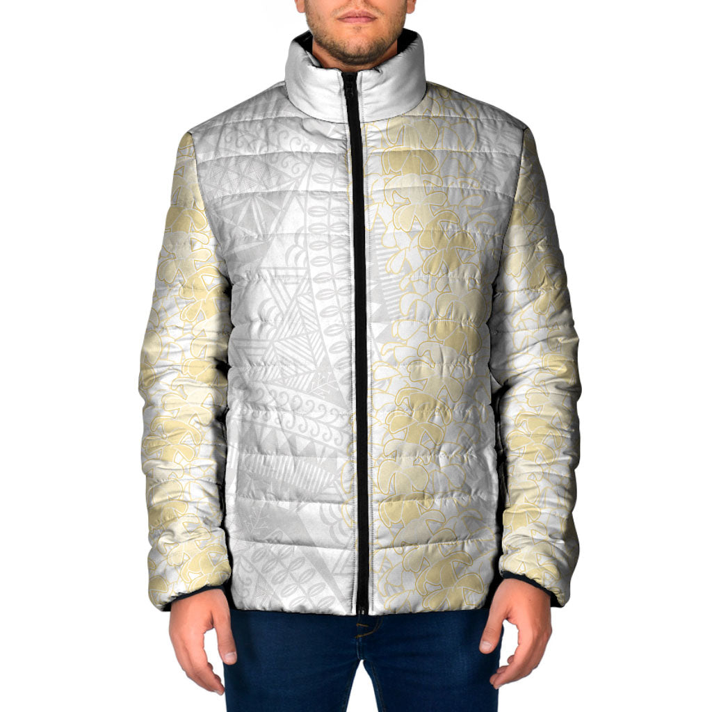 Niue White Sunday Padded Jacket Niuean Hiapo With Puakenikeni Lei