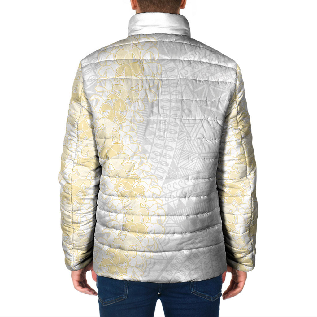 Niue White Sunday Padded Jacket Niuean Hiapo With Puakenikeni Lei
