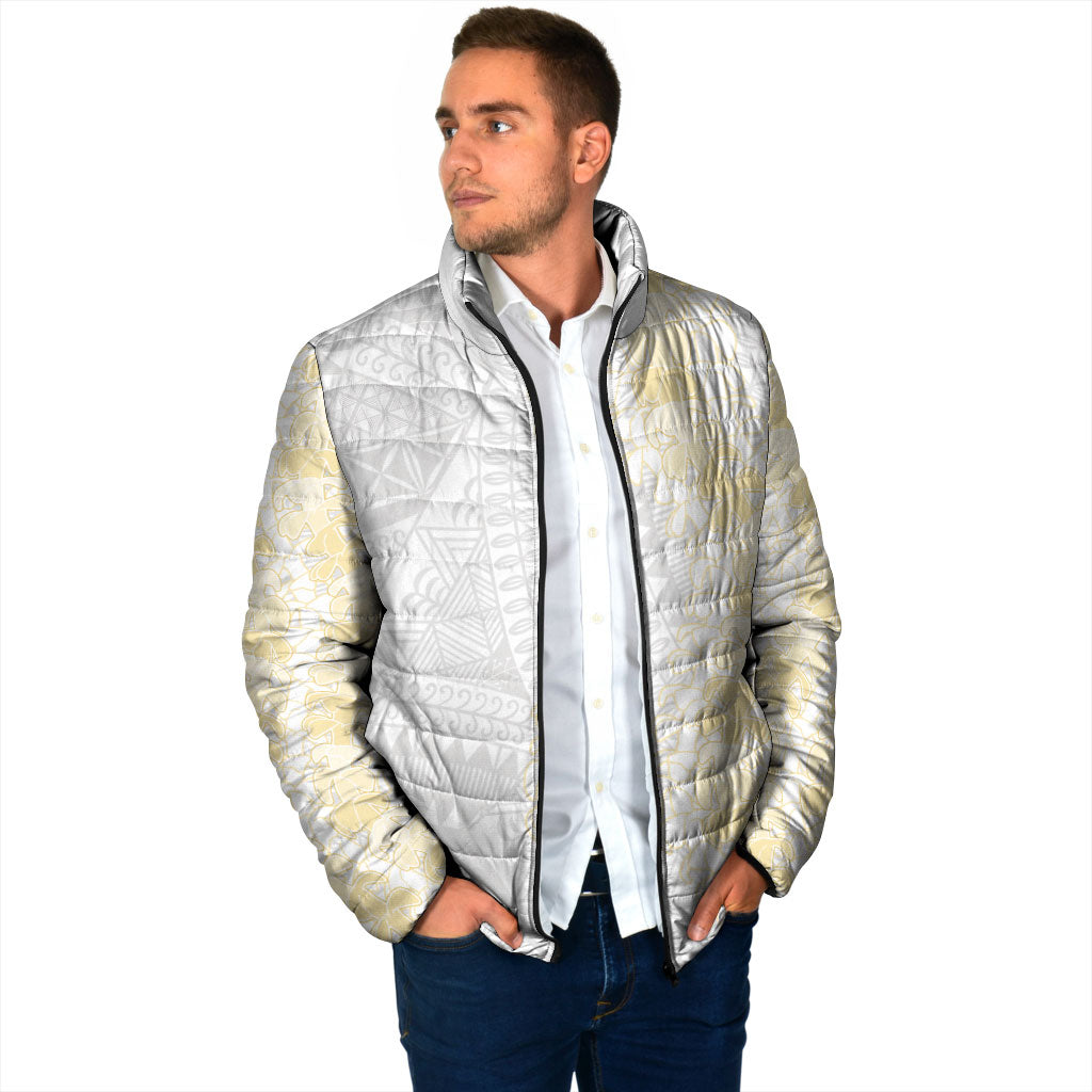 Niue White Sunday Padded Jacket Niuean Hiapo With Puakenikeni Lei