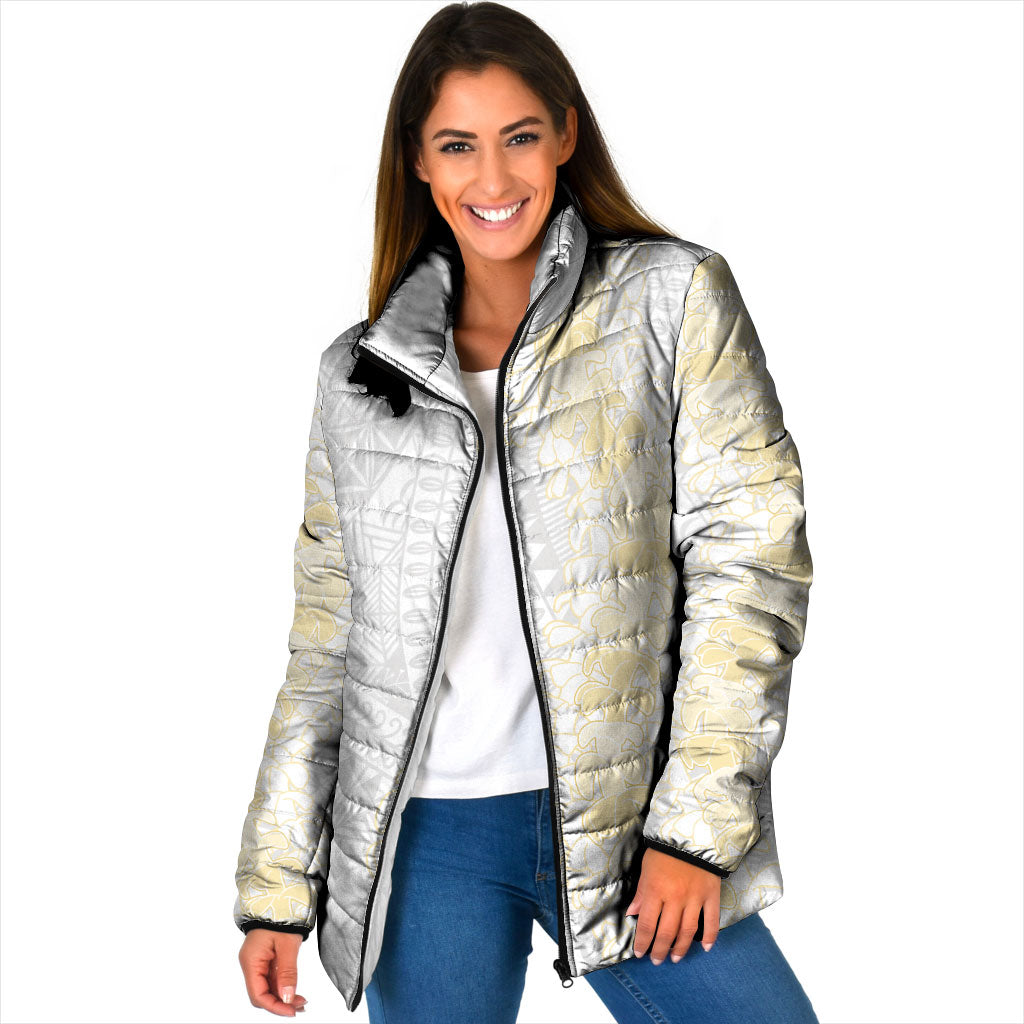 Niue White Sunday Padded Jacket Niuean Hiapo With Puakenikeni Lei