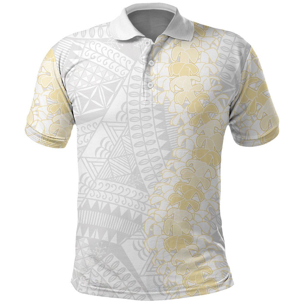 Niue White Sunday Polo Shirt Niuean Hiapo With Puakenikeni Lei