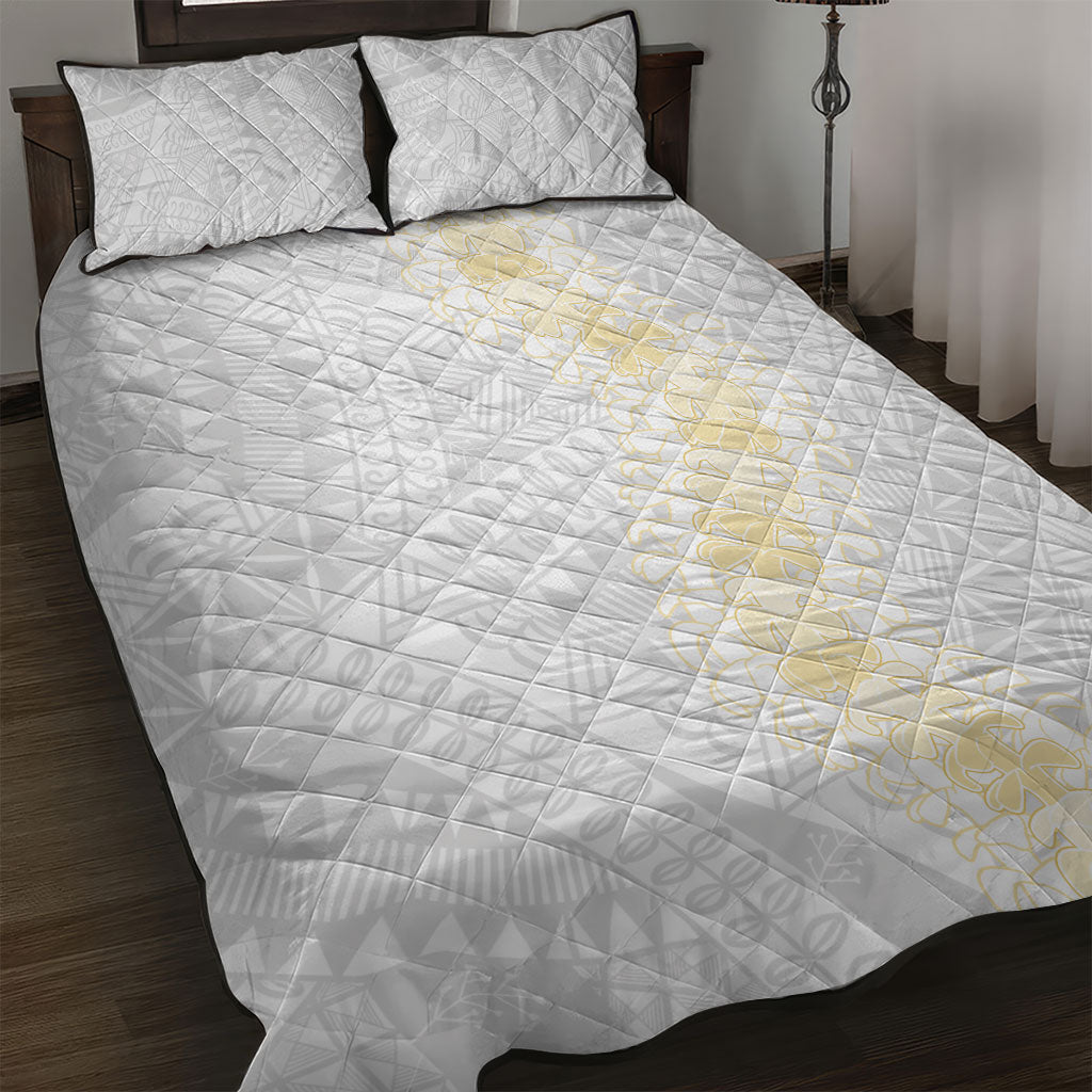 Niue White Sunday Quilt Bed Set Niuean Hiapo With Puakenikeni Lei