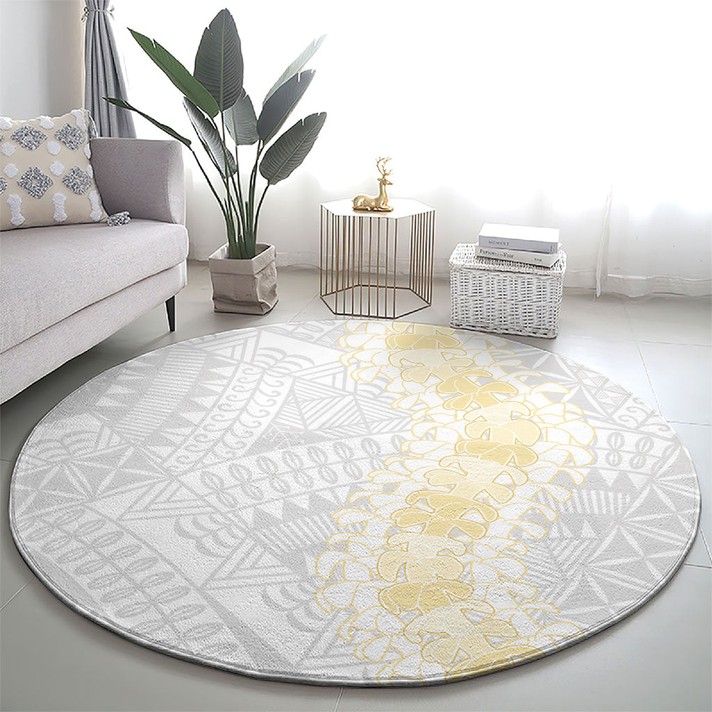 Niue White Sunday Round Carpet Niuean Hiapo With Puakenikeni Lei