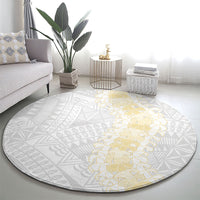 Niue White Sunday Round Carpet Niuean Hiapo With Puakenikeni Lei