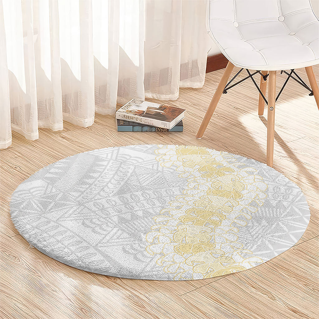 Niue White Sunday Round Carpet Niuean Hiapo With Puakenikeni Lei