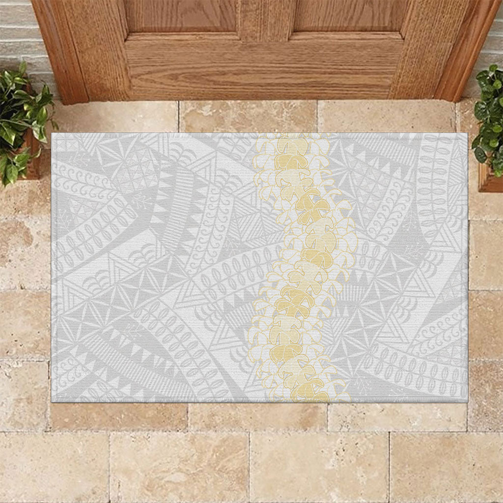 Niue White Sunday Rubber Doormat Niuean Hiapo With Puakenikeni Lei