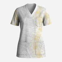 Niue White Sunday Scrub Top Niuean Hiapo With Puakenikeni Lei