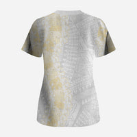 Niue White Sunday Scrub Top Niuean Hiapo With Puakenikeni Lei