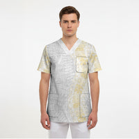 Niue White Sunday Scrub Top Niuean Hiapo With Puakenikeni Lei