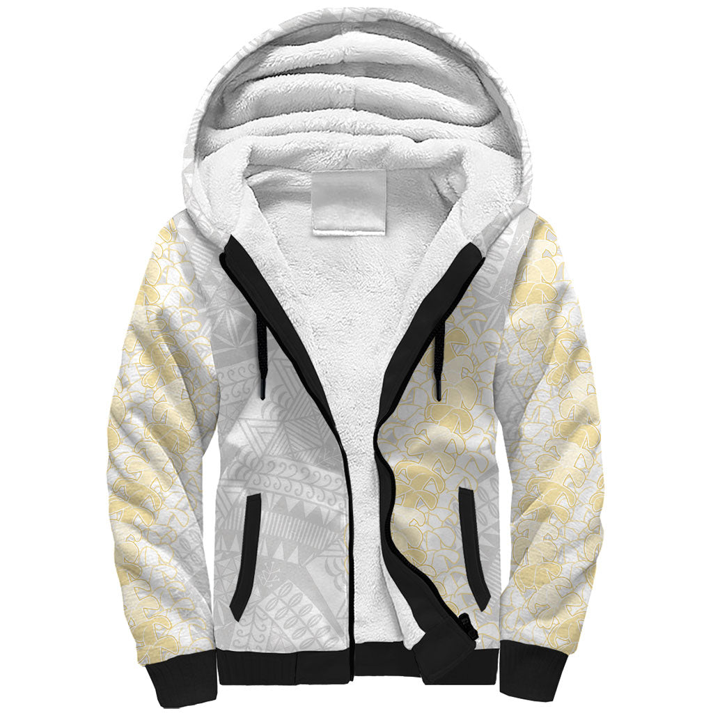 Niue White Sunday Sherpa Hoodie Niuean Hiapo With Puakenikeni Lei