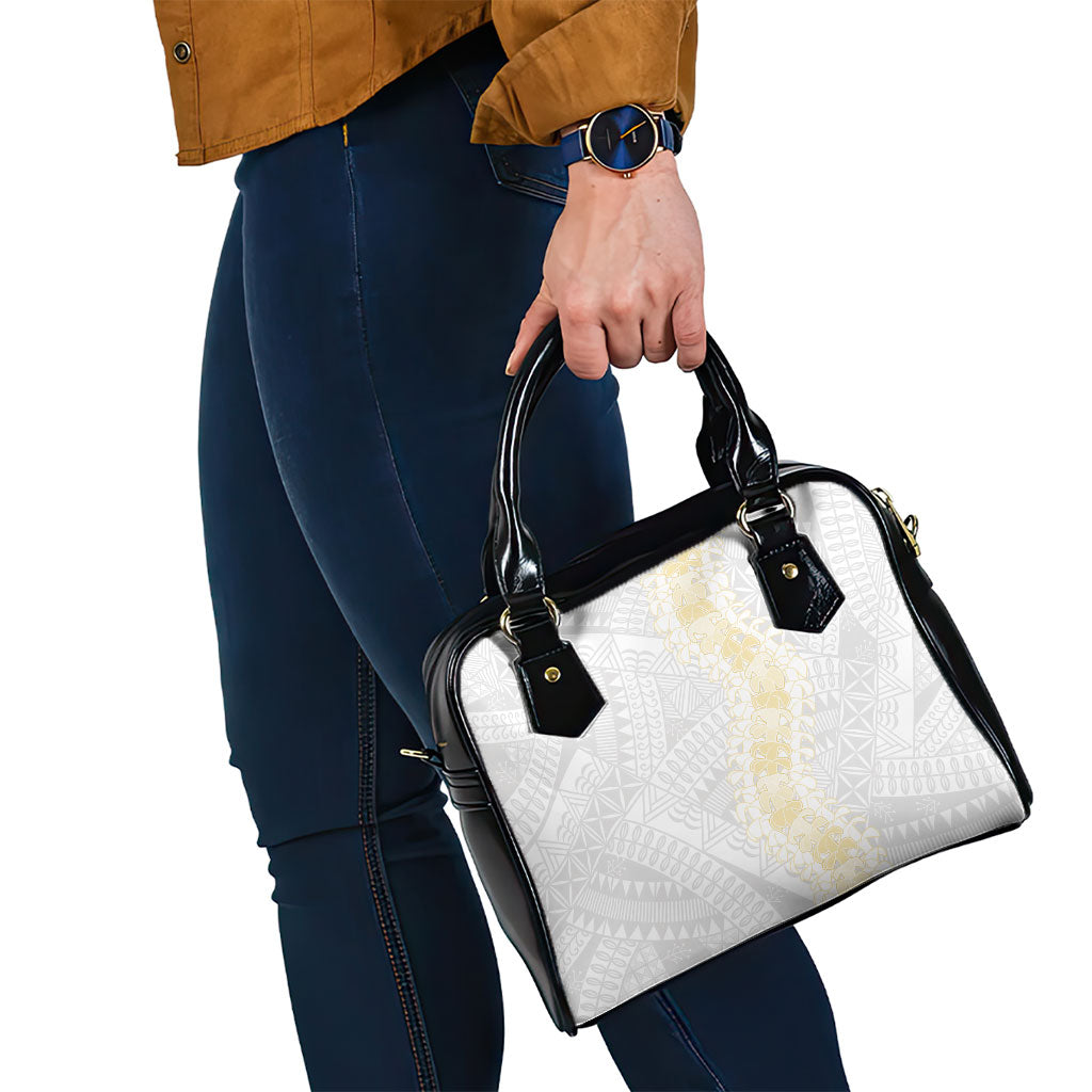 Niue White Sunday Shoulder Handbag Niuean Hiapo With Puakenikeni Lei