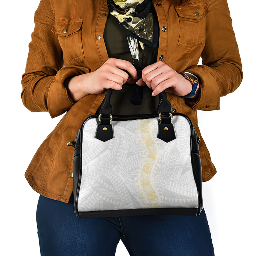 Niue White Sunday Shoulder Handbag Niuean Hiapo With Puakenikeni Lei