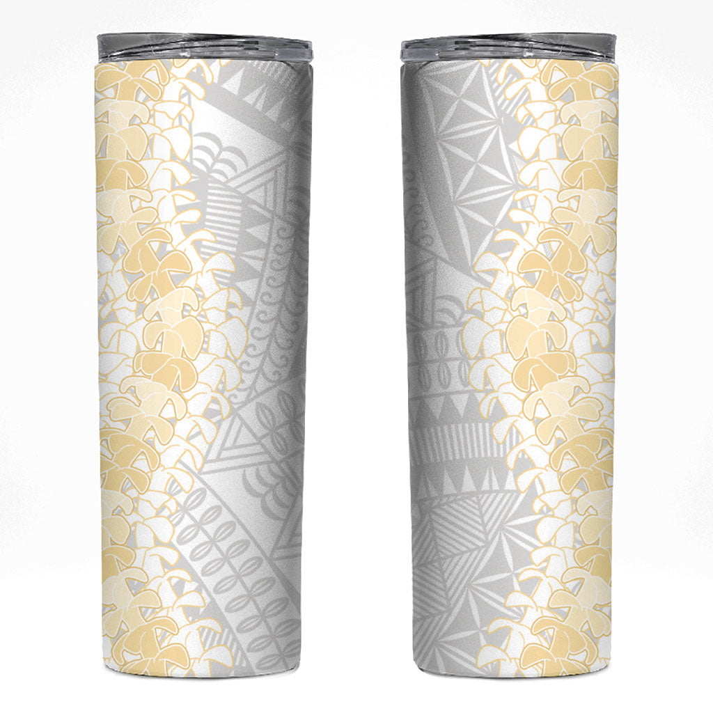 Niue White Sunday Skinny Tumbler Niuean Hiapo With Puakenikeni Lei